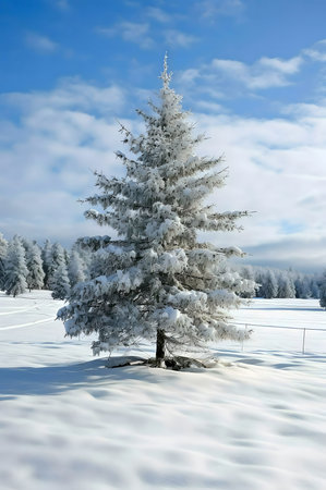 A single snow-covered fir tree stands alone in a field of pristine snow under a clear blue sky. The scene is peaceful and evokes a sense of winter wonder.の写真素材
