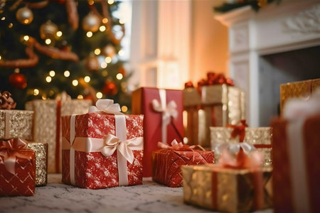 A heartwarming Christmas scene showcasing beautifully wrapped gifts beneath a decorated tree, creating a festive and joyful atmosphere.の写真素材