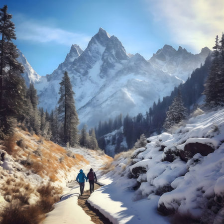Two hikers walk a snowy path amidst majestic snow-capped mountains on a crisp winter day.の写真素材