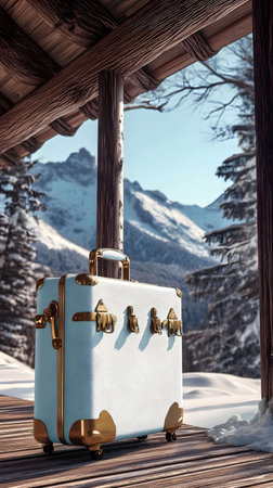 A vintage suitcase sits on a wooden porch overlooking a snowy mountain landscape. Winter escape.の写真素材