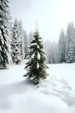 A single evergreen stands tall in a snow covered forest. The scene is peaceful and serene.の写真素材