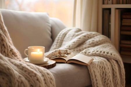 A warm and inviting scene of a cozy armchair with a knitted blanket, candle, and open book. Perfect for a relaxing autumn afternoon.の写真素材