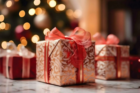 Beautifully wrapped Christmas gifts sit beneath a bokeh Christmas tree. Festive and joyous!の写真素材