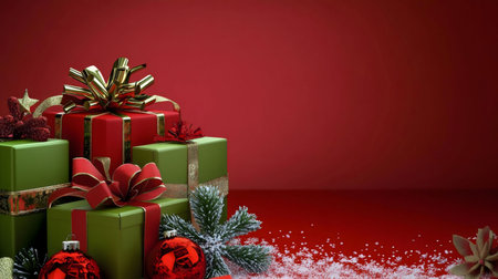 Festive Christmas presents in red and green, beautifully wrapped and decorated with bows and ornaments. Perfect for holiday cards.の写真素材