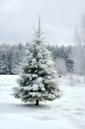 A single snow-covered pine tree stands in a serene winter landscape. The scene is peaceful and beautiful.の写真素材