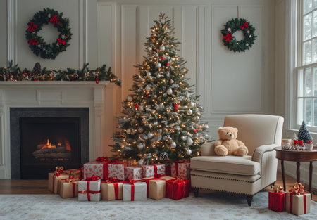A warm and inviting Christmas scene with a beautifully decorated tree, presents, and a fireplace. Perfect for family and friends.の写真素材