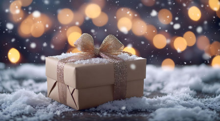 A beige gift box with a gold ribbon sits in the snow against a bokeh background of warm lights and falling snowflakes.の写真素材