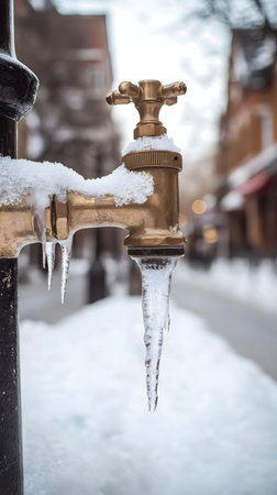 A close-up of a frozen faucet with icicles hanging in a snowy city setting.