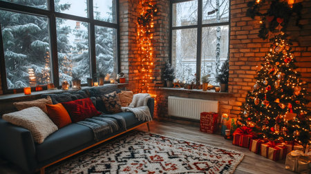 A warm and inviting living room decorated for Christmas. A beautifully decorated tree and cozy sofa create a festive atmosphere.の写真素材