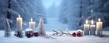Enchanting Christmas scene featuring lit candles, festive decorations and snow-covered trees. Peaceful and magical winter atmosphere.の写真素材