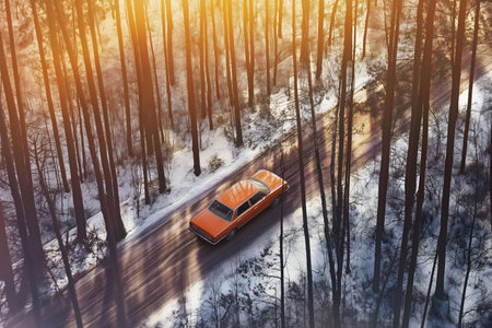 An orange classic car drives on a snowy road through a winter forest. Aerial view.