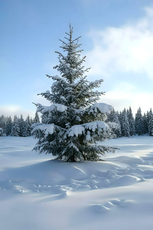 A single snow-laden fir tree stands majestically in a serene winter landscape.の写真素材