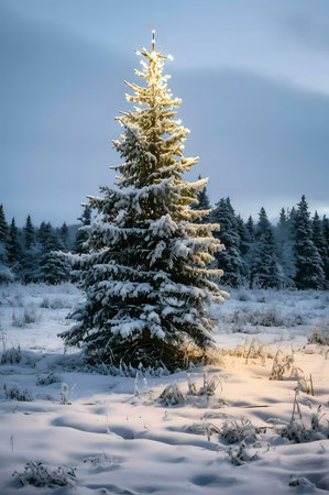 A single, snow-covered Christmas tree glows in a winter forest at twilight. The scene is peaceful and magical.の写真素材