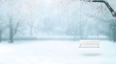 A white bench swing hangs peacefully from a snow-covered tree in a winter wonderland. The scene is serene and calm.の写真素材