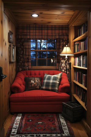 A picture of a cozy reading nook with a red sofa, bookshelves and a warm inviting atmosphere.の写真素材
