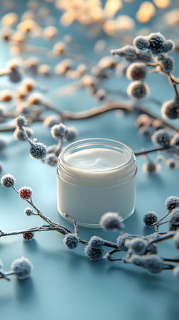 A jar of luxurious face cream sits amongst frosty branches, showing the product's wintery feel.の写真素材