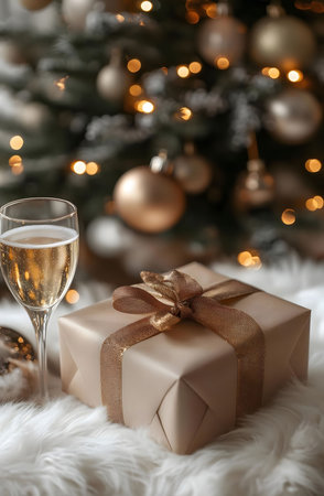 A beige gift with a gold ribbon sits on a fluffy white surface, with a glass of champagne and a Christmas tree in the background.の写真素材