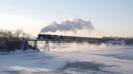 A steam train crosses a bridge over a frozen river in winter. The scene is serene and picturesque.