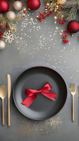 A black plate with a red ribbon sits on a gray table, surrounded by Christmas decorations. Festive and elegant.の写真素材