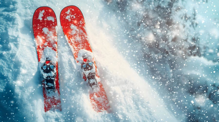 Red skis nestled in fresh snow, a winter wonderland awaits. Ski adventure!の写真素材