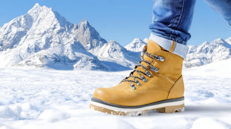 Step into adventure with these stylish winter hiking boots. Perfect for conquering snowy mountain trails.の写真素材