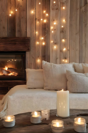 A cozy cabin interior with a fireplace, soft blankets, and warm lighting. Perfect for a relaxing winter evening.の写真素材