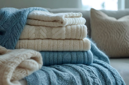A stack of cozy knit sweaters in cream and blue shades. Perfect for a cold winter day.