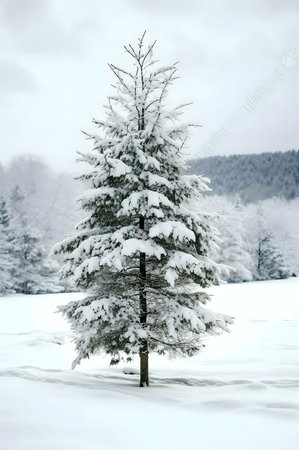 A single evergreen tree covered in fresh snow stands in a snowy field, winter landscape. Serenity and peace.の写真素材