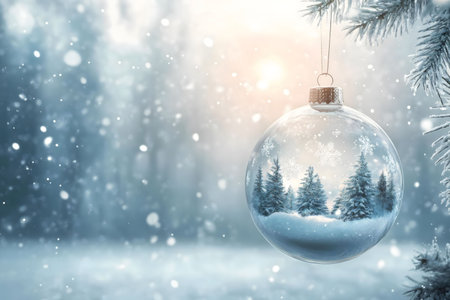 A magical winter scene inside a glass ornament. Snow-covered trees and falling snowflakes create a serene atmosphere.の写真素材