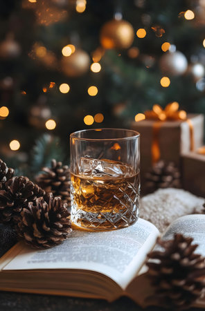 A glass of whiskey on a book, pine cones, and a warm Christmas background.の写真素材