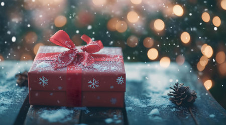 A red gift box with snowflakes and a red ribbon sits on a snowy wooden surface against a bokeh backdrop of Christmas lights and falling snow.の写真素材