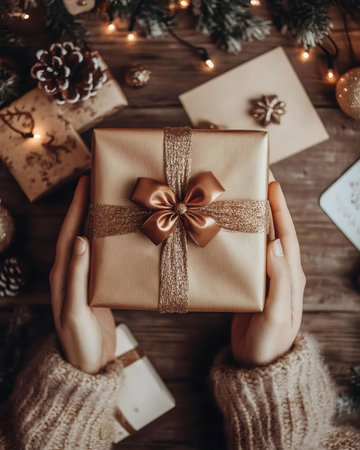 Close-up of hands holding a golden Christmas gift on a wooden surface. Warm winter atmosphere.