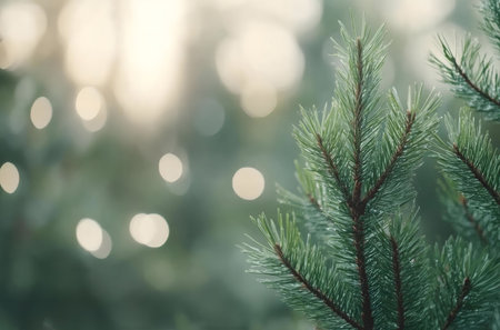 Close-up of pine needles in a sunlit forest. Peaceful and serene atmosphere.の写真素材