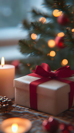 A beautifully wrapped gift sits beside glowing candles, a Christmas tree with soft lights creating a magical Christmas Eve scene.の写真素材