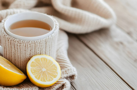 A warm cup of tea with lemon, cozily wrapped in a knitted sweater. Perfect for a cold winter day.