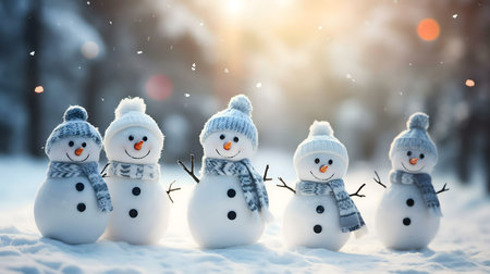 Five adorable snowmen, wearing hats and scarves, stand in a snowy winter scene. A joyful winter image.の写真素材