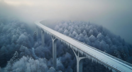 A snow-covered bridge, adorned with icicles, winds through a misty, frozen forest. A stunning winter landscape.の写真素材