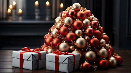 A pile of red and gold Christmas ornaments shaped like a tree with presents.の写真素材