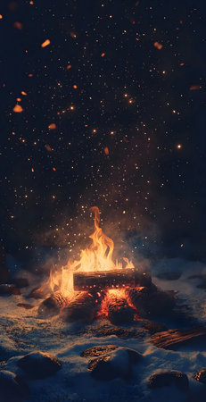 A captivating bonfire burns brightly on a snowy night, embers dancing under a starlit sky.