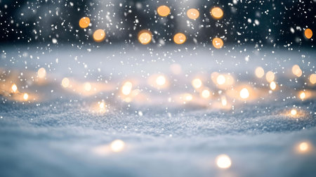 A mesmerizing winter scene with falling snow and warm lights creating a magical atmosphere.の写真素材