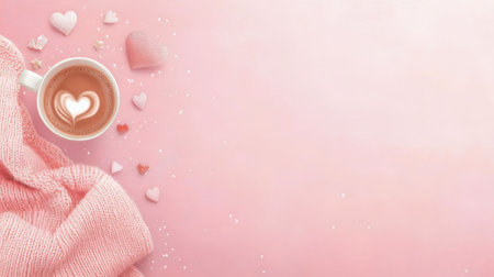 A heartwarming image of a pink sweater, a cup of latte art, and pink hearts, perfect for Valentine's Day.の写真素材