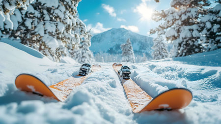 Orange skis rest in pristine snow, majestic snowy mountains and bright sky forming a winter wonderland.の写真素材