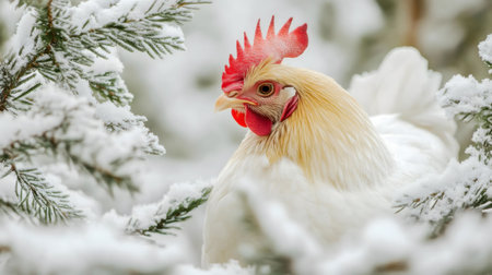 A white rooster sits peacefully amidst a snowy evergreen tree, exhibiting serenity and winter's charm.の写真素材