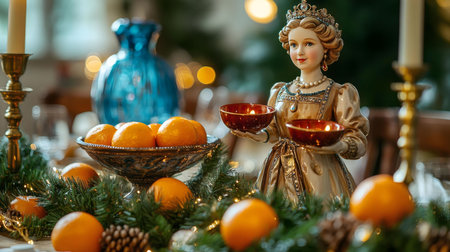 A beautifully decorated Christmas table features oranges, candles, pine cones, and a regal queen statue.の写真素材