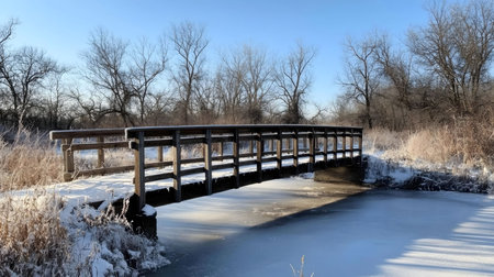 Wooden bridge over a frozen lake in a snowy landscape. Serene winter scene.の写真素材