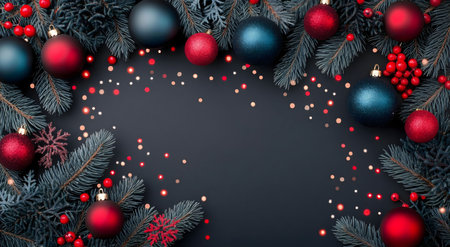 Christmas ornaments, pine branches and confetti on dark background. Festive, elegant design.の写真素材