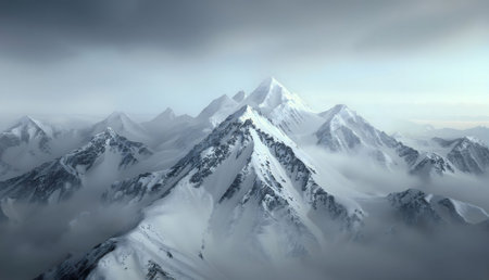 Stunning aerial view of a snow-covered mountain range. Winter wonderland, serene and calm...