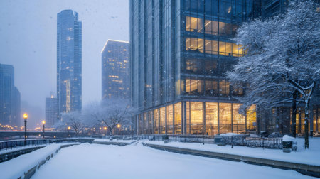 Chicago's stunning skyscrapers covered in snow during a winter evening. The city's lights reflect the holiday spirit.の写真素材