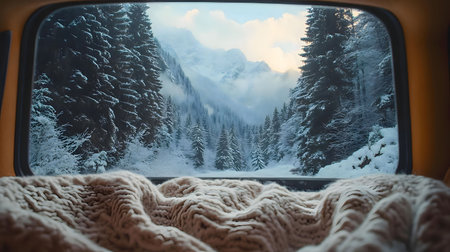 A serene winter scene viewed from inside a camper van, showcasing a snowy mountain range and forest