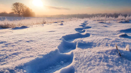 Footprints in pristine snow at sunrise. Winter wonderland scenery.